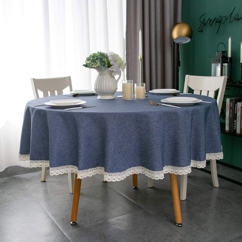 EHouseHome Faux Linen Tablecloth with Lace Trim - Waterproof/Spill Proof/Stain Resistant/Wrinkle Free/Oil Proof - for Banquet, Parties, Dinner,Wedding,Holiday,Denim Blue Round 70Inch - Image 2